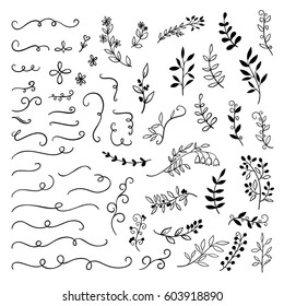 Hand drawn borders, branches, leaves decoration set for Valentines Day and wedding greeting cards. Vector swirly line, flourish isolated on white background.