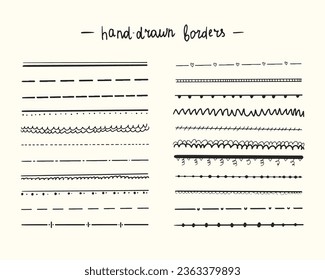 Hand drawn borders and dividing lines set. Sketch doodle style. Simple text divider elements. Vector illustration