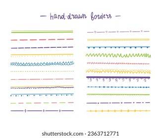 Hand drawn borders and dividing lines set. Sketch doodle style. Simple text divider elements. Colored vector illustration