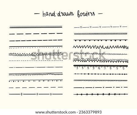 Hand drawn borders and dividing lines set. Sketch doodle style. Simple text divider elements. Vector illustration