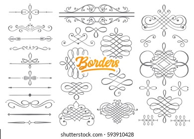 Hand drawn borders doodle set with orange lettering in vector