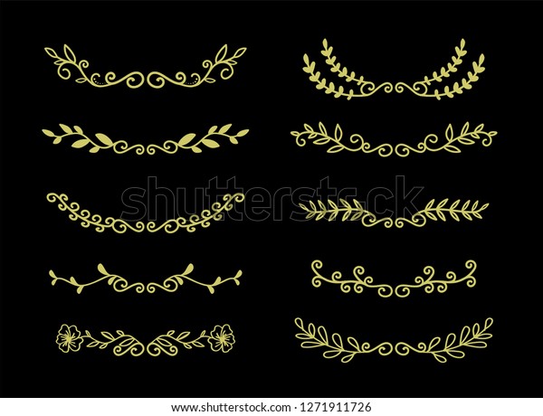 Hand Drawn Borders Elements Set Collection, Gold\
floral Swirl ornament\
Vector
