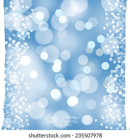 Hand - drawn borders made of holly branches with berries on  blue bokeh background. Christmas illustration.