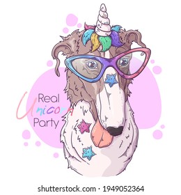 Hand drawn Borzoi dog with unicorn horn Vector. Isolated objects for your design. Each object can be changed and moved.