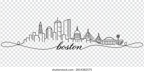 Hand drawn Boston city skyline silhouette, vector illustration. Line art style drawing of Boston city buildings and landmarks with elegant calligraphy.