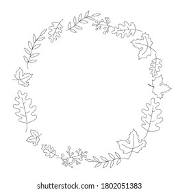 Hand drawn botanic frame with maple leaves, oak leaves. Floral frame. Black and white vector illustration isolated on white. Autumn leaves for coloring. 