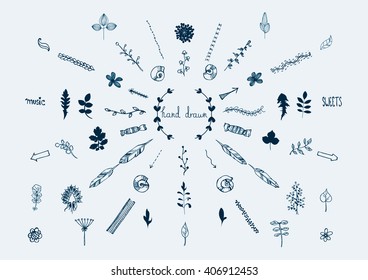 hand drawn botanic set with floral elements and doodles