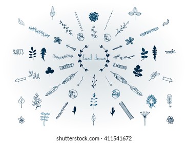 hand drawn botanic set with floral elements and doodles
