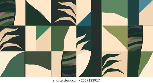 Hand drawn botanical abstract shapes pattern. Collage contemporary unique print. Fashionable template for design.