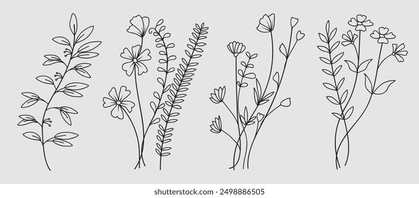  Dibujado a mano de la línea continua del arte botánico de la flor abstracta, floral, rosa, hojas tropicales, colección de Vector de la hoja de la primavera y del otoño. 