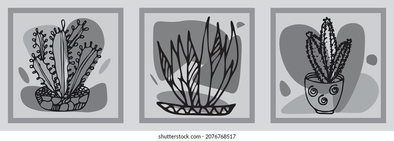Hand drawn botanical  art set. Plants contour and abstract shape drawing on a color background.Abstract design for wall decoration, posters, covers, prints and wallpapers. Vector illustration.