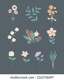 Hand drawn botanical arts flowers leaves flower vases