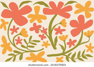 Hand drawn botanical artwork in bright colors vector. Doodle flower illustration.