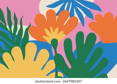 Hand drawn botanical background. Flowers and organic shapes in naive childish style. Abstract groovy vector design.