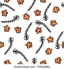 Hand drawn botanical background with flowers and leaves. Seamless vector pattern