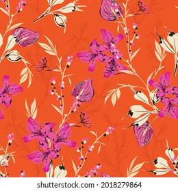 Hand Drawn Botanical Blooming Wild Flower Retro Mood Seamless Pattern In Vector EPS10,Design For Fashion,fabric,web,wallpaper,wrapping On Vivid Orange Color