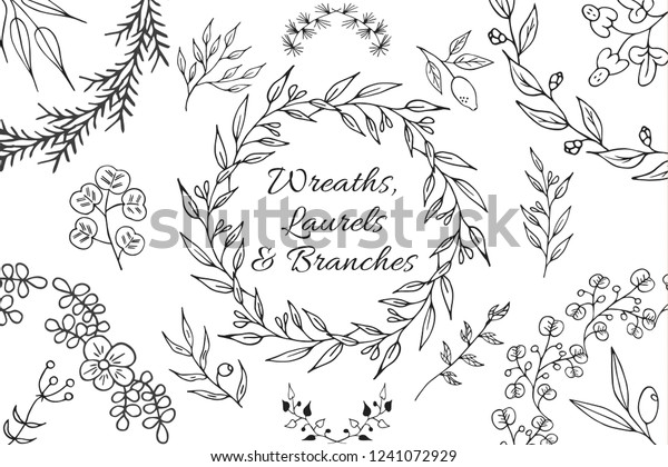 Hand drawn botanical branches, floral wreaths and\
laurels. Flourish dividers. Vector isolated elements. Wedding\
borders for invitation\
card.