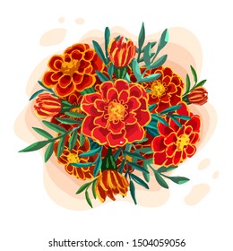 Hand drawn botanical color sketch of Marigold bouquet
