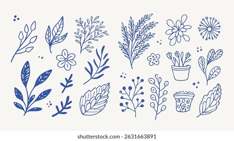 Hand drawn botanical elements leaves flowers and stems for nature themed designs and illustrations