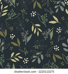 Hand drawn botanical elements. Seamless pattern with green branches, leaves and berries. Perfect for apparel, home textile, wrapping paper, wallpaper, stationary, scrapping paper.