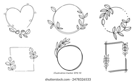 Conjunto de Vector de Elementos botánicos dibujados a mano, hojas florales dibujadas mínimas arte de línea botánica sobre fondo de círculo colorido, línea de hojas dibujadas a mano Rama floral, Ilustración vectorial EPS 10