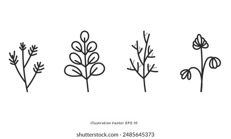 Hand Drawn Botanical Elements Vector Set, minimal drawn floral leaves botanical line art on colorful circle background, Hand drawn leaves line Floral branch, Vector illustration EPS 10