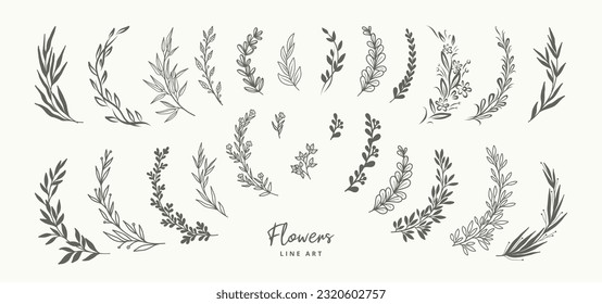 Hand drawn botanical floral elements. Flowers, branches, leaves, plants, herbs. Vector illustration for label, logo, branding business identity, wedding invitation, wreath, frame  