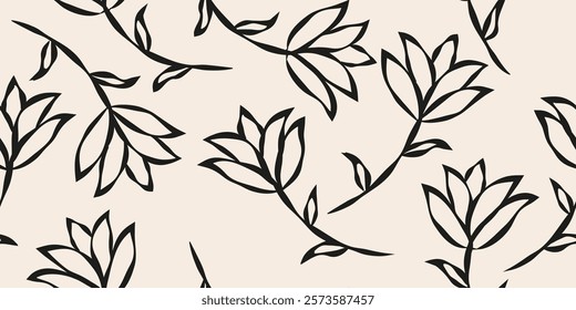 Hand drawn botanical floral seamless pattern, organic flower doodle with black and white color for fabric, textiles, clothing, wallpaper, cover, banner, decor, background.