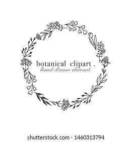 Hand drawn Botanical Floral Wreath. Set of hand drawn design element with flower and leaf. Hand Drawn Botanical Element. Hand Drawn Leaf Wreath Clipart Frame. branch floral elegant plant. 