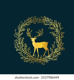 Hand drawn botanical floral wreath from twigs branches with reindeer inside. Christmas wreath gold on navy background. Vintage retro style