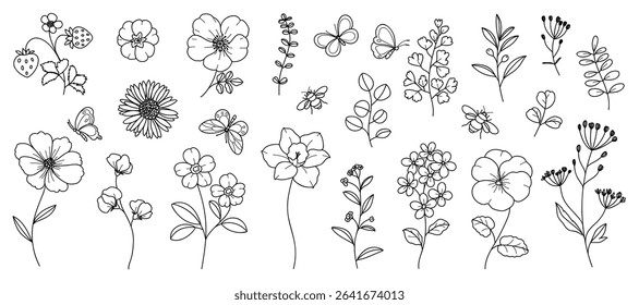 Hand drawn botanical flower line art vector set. Collection black white contour drawing of foliage, wildflower, eucalyptus, butterfly, bee. Illustration design for logo, wedding, invitation, decor.