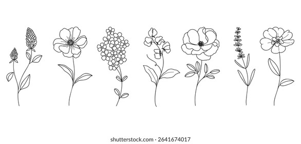Hand drawn botanical flower line art vector set. Collection black white contour drawing of foliage, wildflower, eucalyptus, poppy, peony. Illustration design for logo, wedding, invitation, decor.