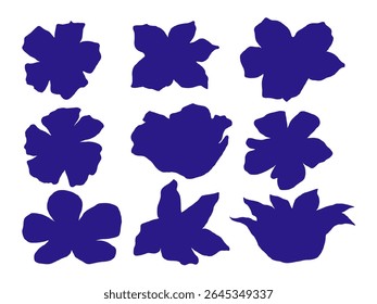 Hand Drawn Botanical Flower Silhouette. A curated set of 9 floral silhouettes in bold navy featuring hand drawn organic petals in wild forms. Perfect for modern botanical compositions