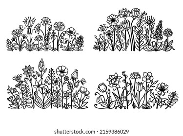 Flores botánicas dibujadas a mano, prados, flores primaverales. Ilustración vectorial.