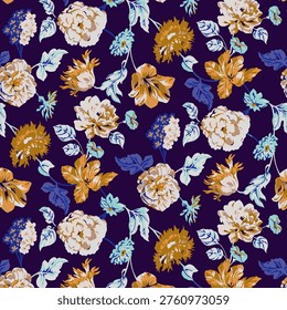 Hand drawn botanical flowers pattern. Bouquet of vintage flowers. Set of plant elements.