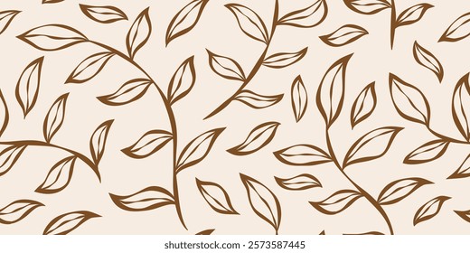 Hand drawn botanical foliage branch seamless pattern, organic doodle design for fabric, textiles, clothing, wallpaper, cover, banner, decor, background.