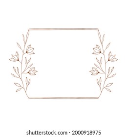 Hand drawn botanical frame with flowers and leaves. Vector outline illustration.