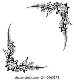 Hand drawn botanical frame with line border, leaves and flowers. Wedding invitation and cards, logo design and poster template. Vector file