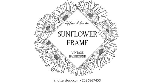 Hand drawn botanical frame with sunflowers. Vector illustration in sketch style isolated on white. Realistic sunflower design element. Space for text 