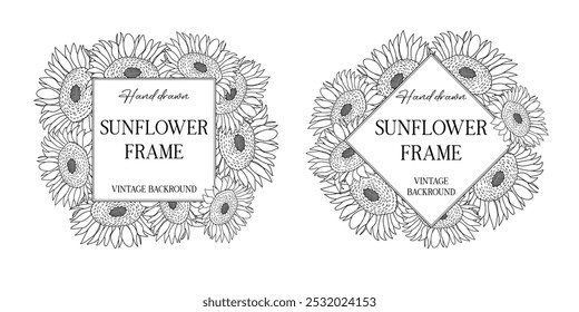 Hand drawn botanical frame with sunflowers. Vector illustration in sketch style isolated on white. Realistic sunflower design element. Space for text 
