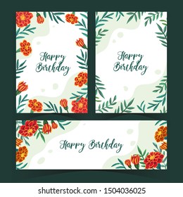 Hand drawn botanical happy birthday card collection, Marigold flowers and leaves