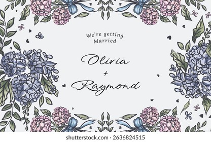Hand drawn botanical hydrangea flower frame border, flower bouquet illustration with copy space in the center. perfect for wedding banner, save the date poster, wallpaper.