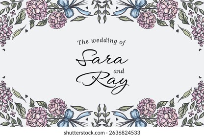 Hand drawn botanical hydrangea flower frame border, flower bouquet illustration with copy space in the center. perfect for wedding banner, save the date poster, wallpaper.