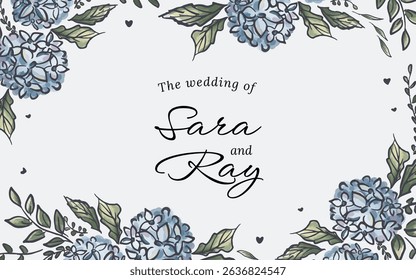 Hand drawn botanical hydrangea flower frame border with copy space in the center. perfect for wedding banner, save the date poster, wallpaper.