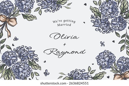 Hand drawn botanical hydrangea flower frame border, flower bouquet illustration with copy space in the center. perfect for wedding banner, save the date poster, wallpaper.