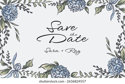Hand drawn botanical hydrangea flower frame border, ribbon bow element with copy space in the center. perfect for wedding banner, save the date poster, wallpaper.