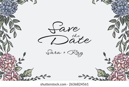 Hand drawn botanical hydrangea flower frame border with copy space in the center. perfect for wedding banner, save the date poster, wallpaper.