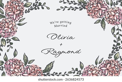 Hand drawn botanical hydrangea flower frame border with copy space in the center. perfect for wedding banner, save the date poster, wallpaper.
