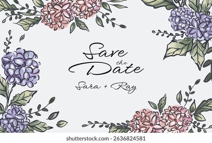 Hand drawn botanical hydrangea flower frame border with copy space in the center. perfect for wedding banner, save the date poster, wallpaper.