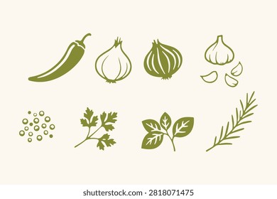 Hand Drawn Botanical Icon Set of Herbs Spices Garlic and Seasoning